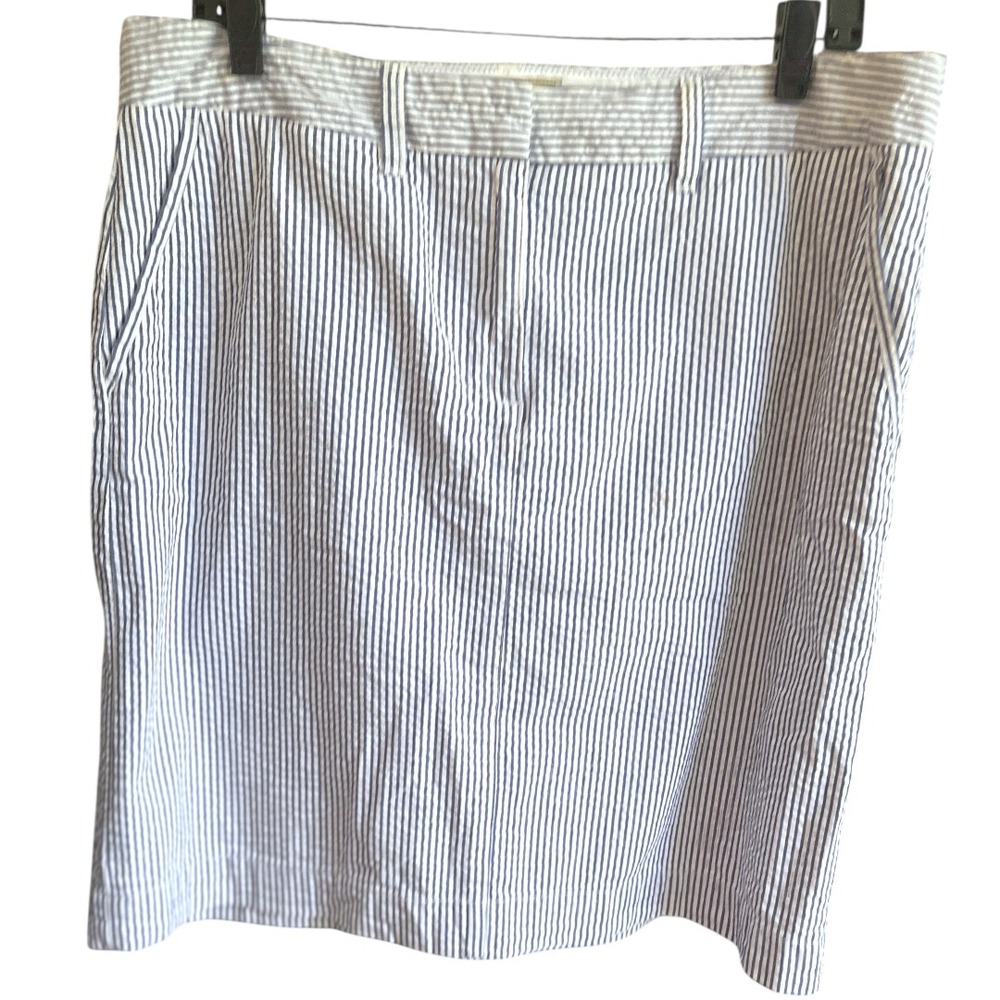 L.L.Bean Blue White Seersucker Striped 100% Cotton Favorite Fit Straight Skirt